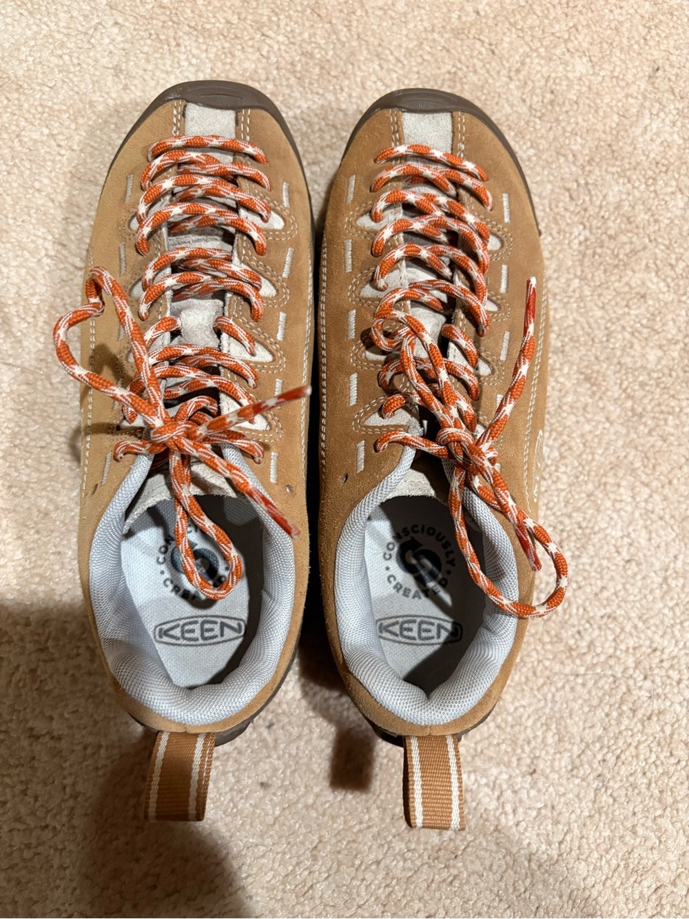 KEEN Tan Suede Hiking Sneakers with Orange Laces